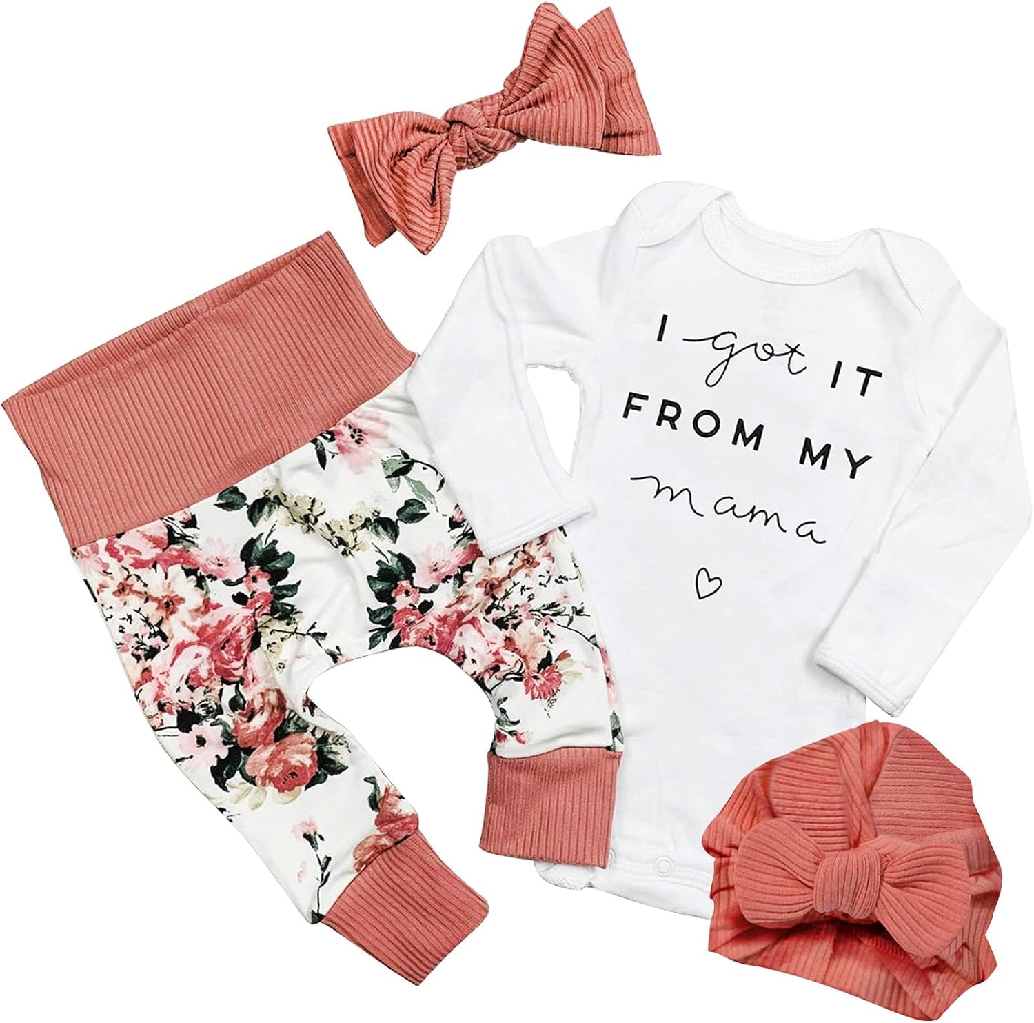 Newborn Infant Letter Print Romper Tops Pants Hat Headband 4PC Set