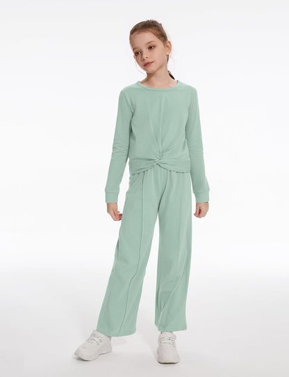 Solid Long Sleeve Twist Crop Top and Wide Leg Pants 