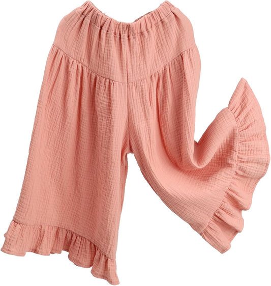 Soft Cotton Gauze Wide Leg Ruffled Pants