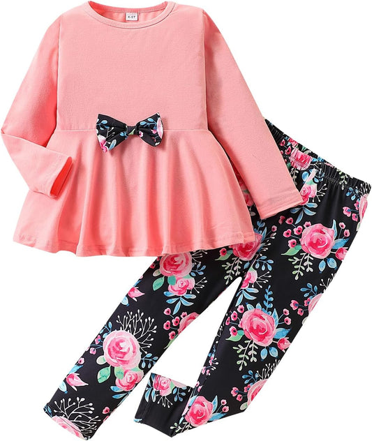 Long Sleeve Top with Bowknot and Floral Print Pants