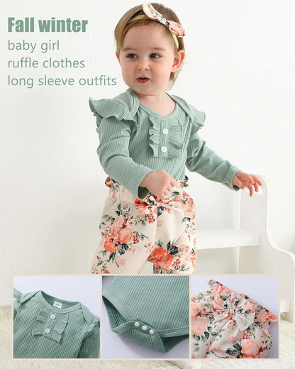 Newborn Infant Toddler Cotton Floral Romper Pants Set With Headband