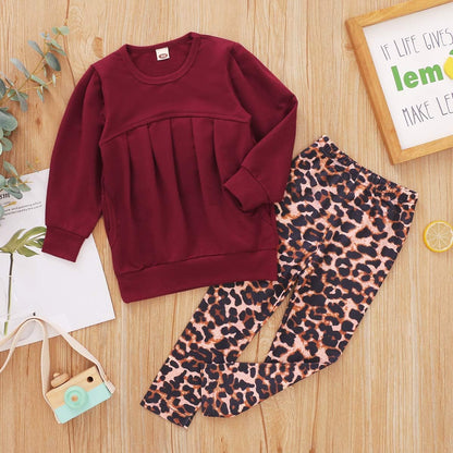 Long Sleeve Tops Leopard Print Long Pants Set