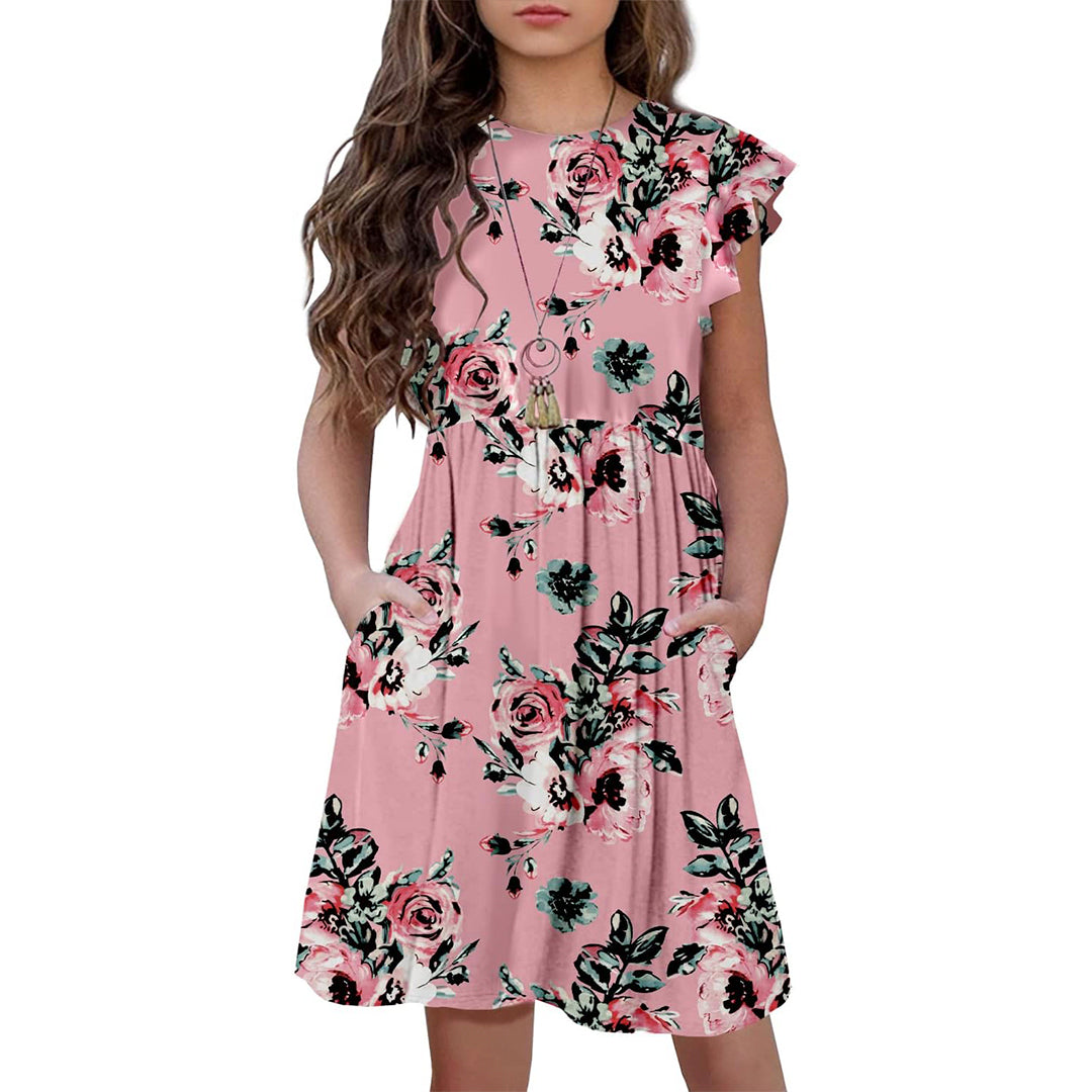 Floral Dress Boho Ruffle Sleeve Pleated Casual Swing Dresses with Pockets 