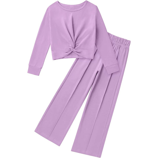 Solid Long Sleeve Twist Crop Top and Wide Leg Pants 