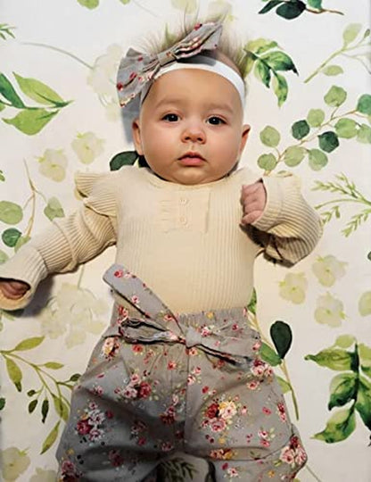 Infant Baby Ribbed Ruffle Sleeve Romper Floral Pants with Headband