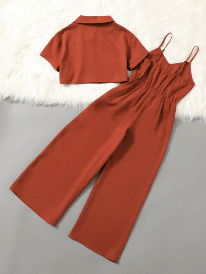 Short Sleeve Button down Crop Top Shirt and Wide Leg Jumpsuit Set