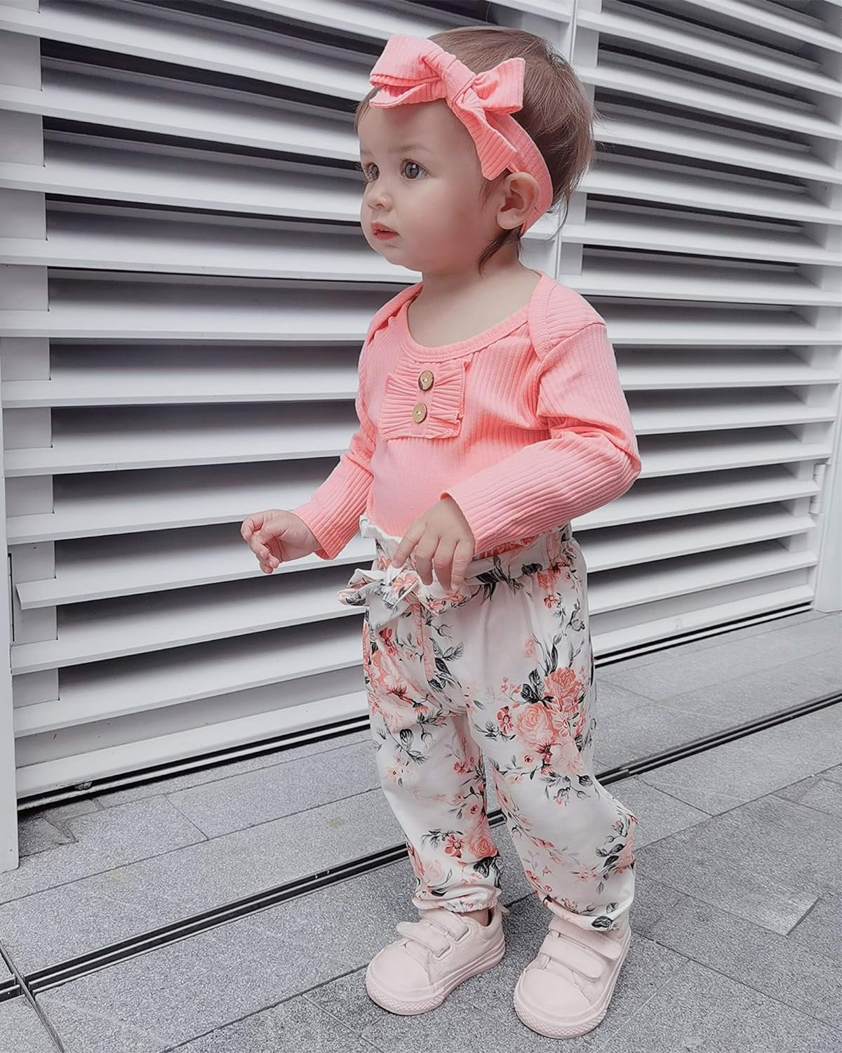 Infant Romper Floral Pants Set With Headband