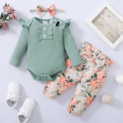 Newborn Infant Toddler Cotton Floral Romper Pants Set With Headband