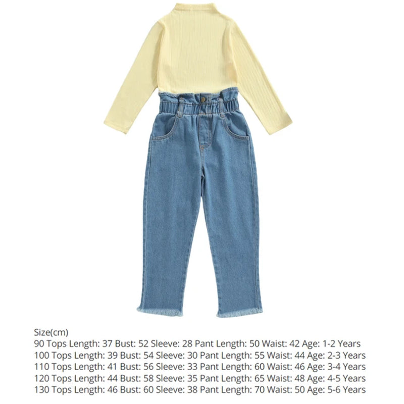 Fashionable Solid Turtleneck Long Sleeve Pullover Top Denim Long Pants Set