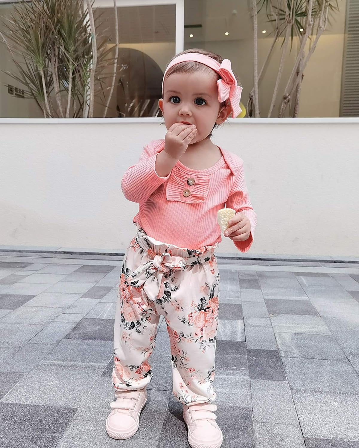 Infant Romper Floral Pants Set With Headband