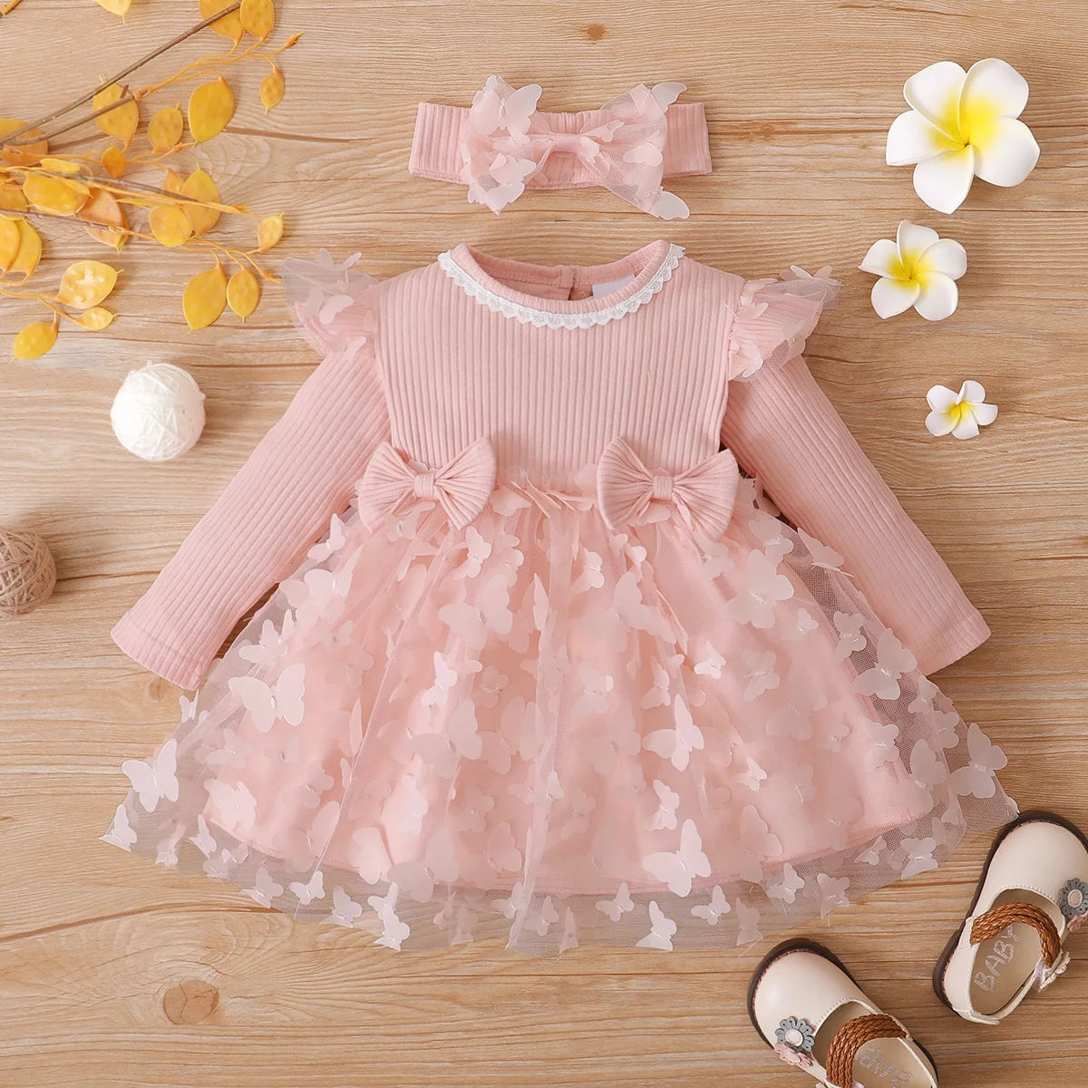 2Pcs Baby Girl Pink Mesh Dress Set,Ribbed Long Sleeve Splicing 3D Butterfly Appliques Princess Dress 