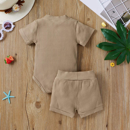 Newborn Infant Ribbed Solid Color Short Sleeve Top Shorts 2PC