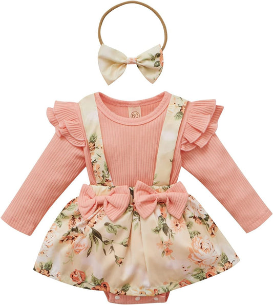 Infant Baby Ruffle Long Sleeve Romper Short Set With Headband