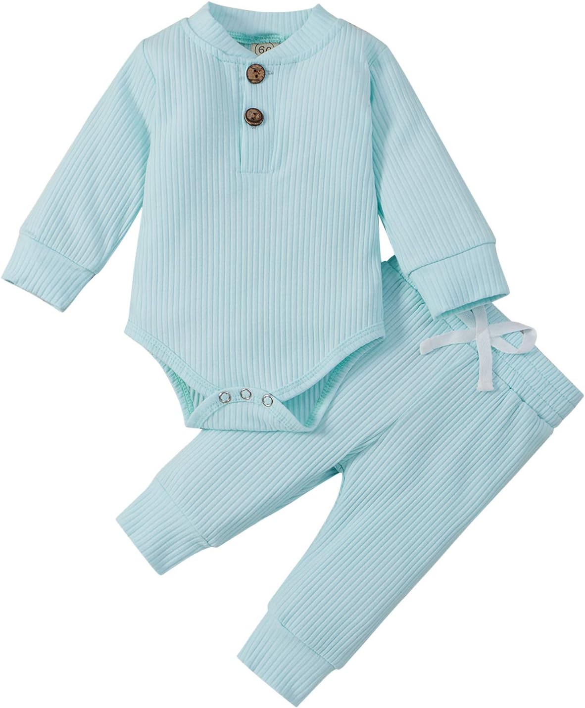 Infant Clothes Set Ribbed Outfits Solid Long Sleeve Top Pants 2PCS