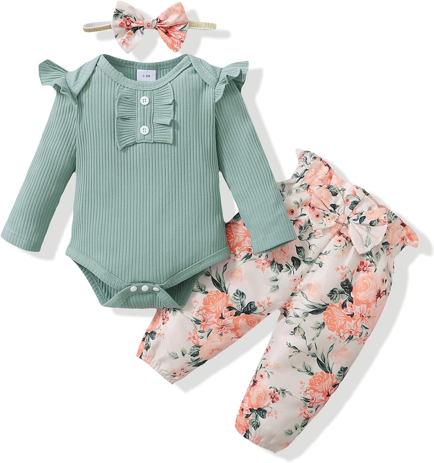 Newborn Infant Toddler Cotton Floral Romper Pants Set With Headband