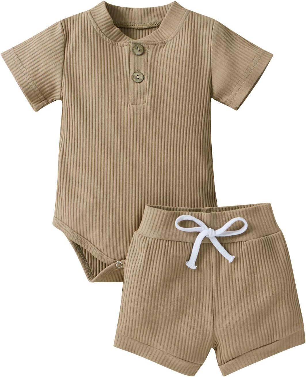 Newborn Infant Ribbed Solid Color Short Sleeve Top Shorts 2PC