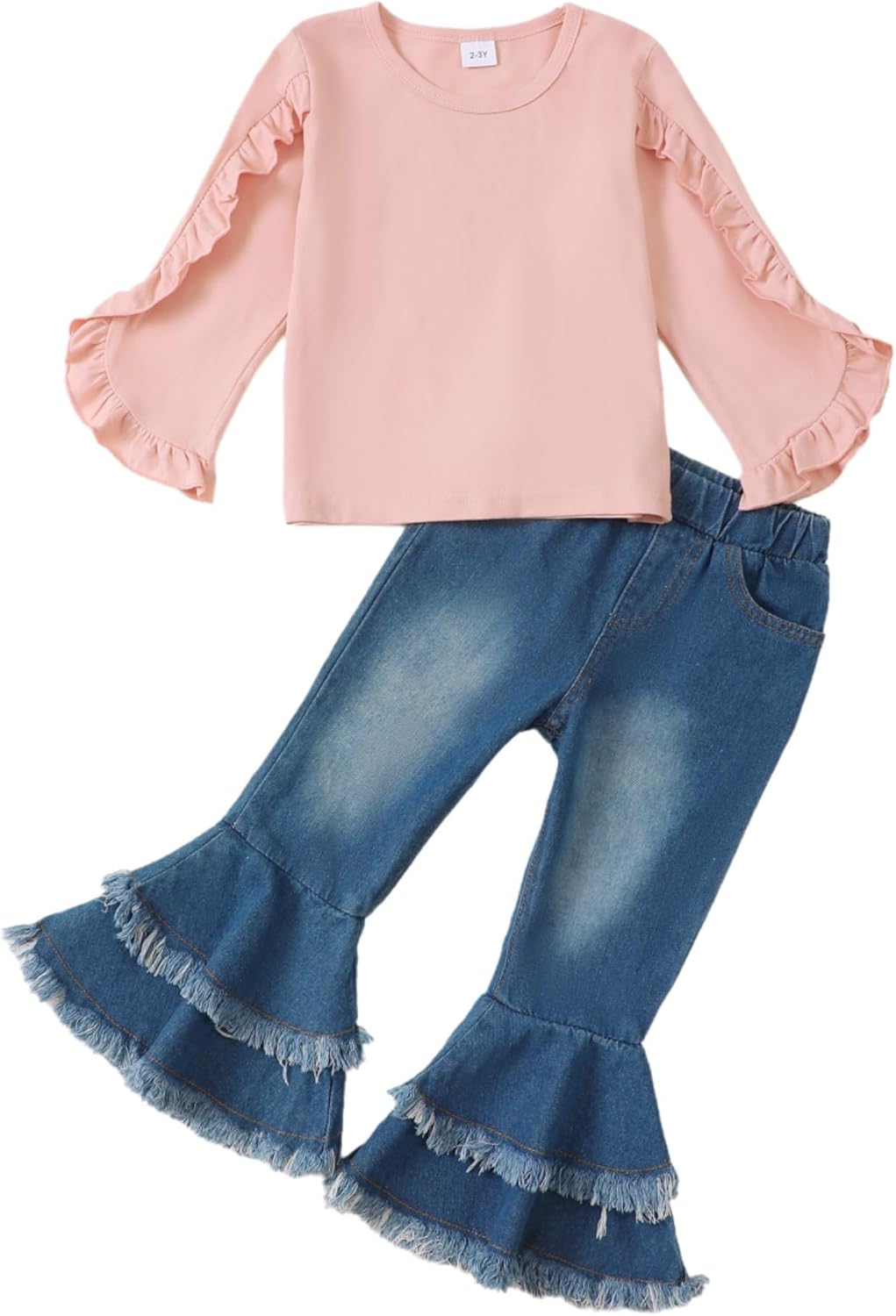 Ruffle Long Sleeve Shirt and Flare Denim Jeans