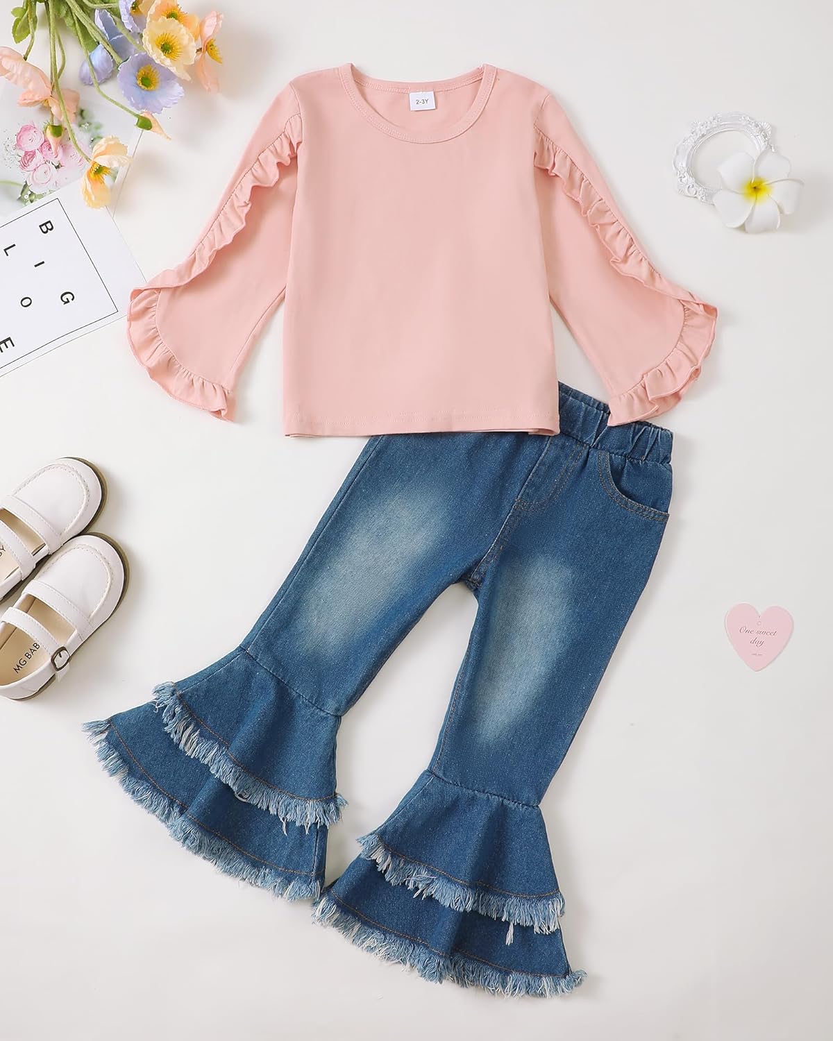 Ruffle Long Sleeve Shirt and Flare Denim Jeans