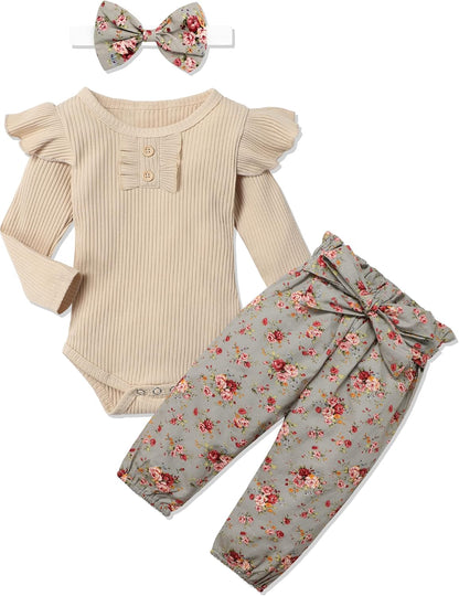 Infant Baby Ribbed Ruffle Sleeve Romper Floral Pants with Headband