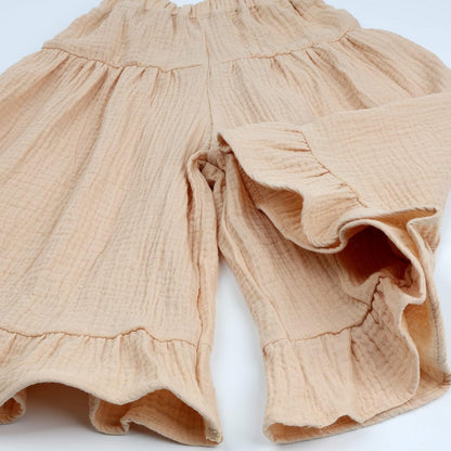 Soft Cotton Gauze Wide Leg Ruffled Pants