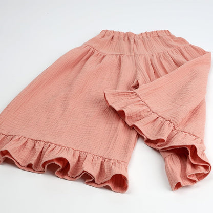 Soft Cotton Gauze Wide Leg Ruffled Pants