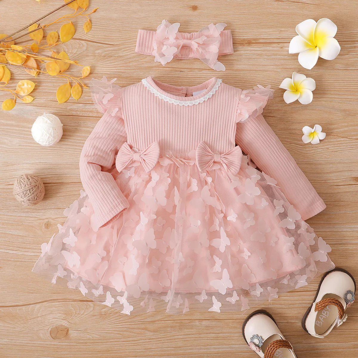 2Pcs Baby Girl Pink Mesh Dress Set,Ribbed Long Sleeve Splicing 3D Butterfly Appliques Princess Dress 