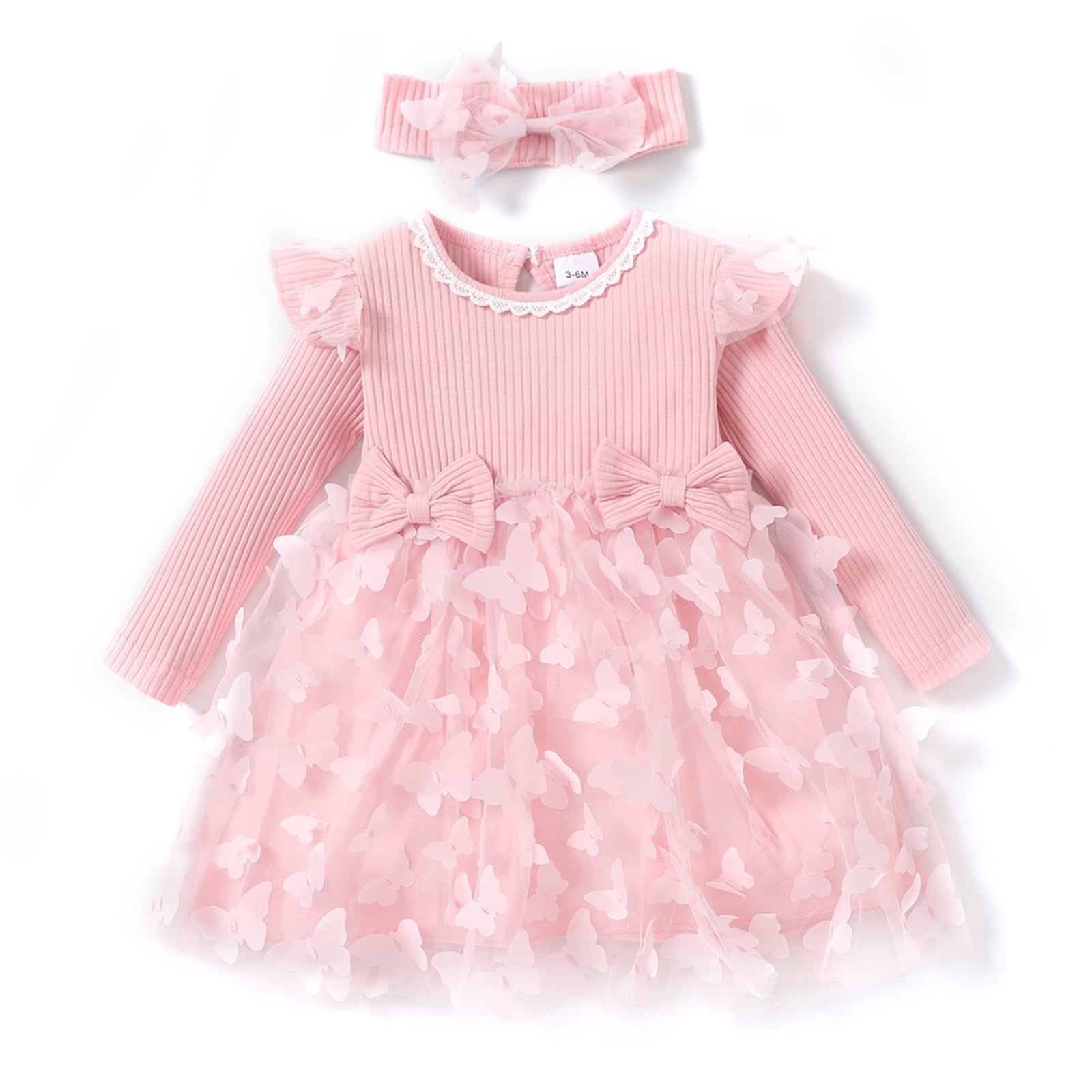 2Pcs Baby Girl Pink Mesh Dress Set,Ribbed Long Sleeve Splicing 3D Butterfly Appliques Princess Dress 