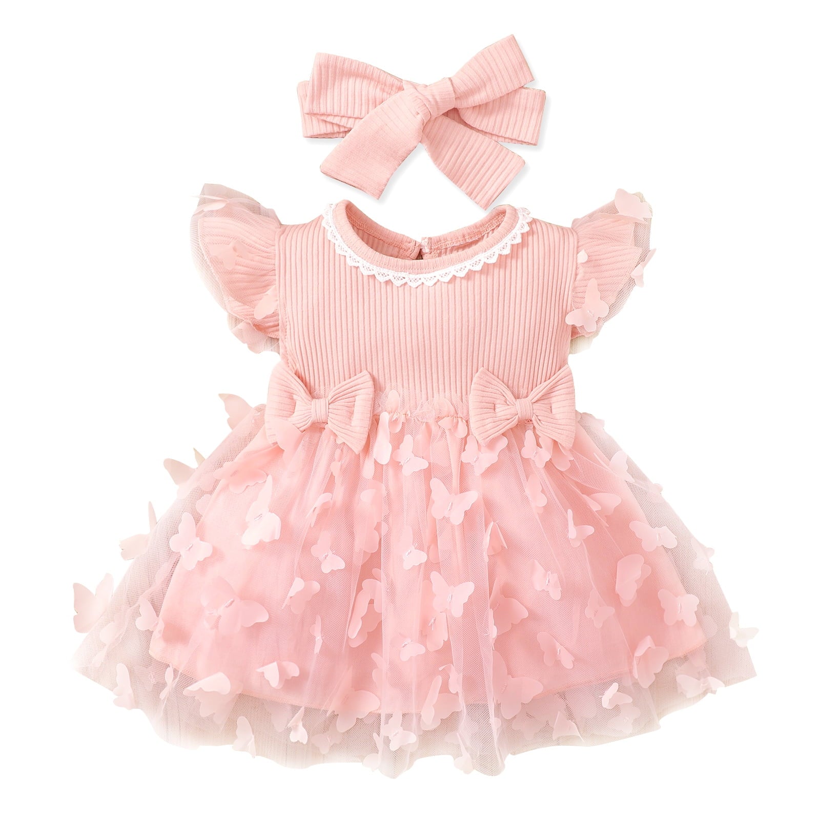 2Pcs Baby Girl Pink Mesh Dress Set,Ribbed Long Sleeve Splicing 3D Butterfly Appliques Princess Dress 