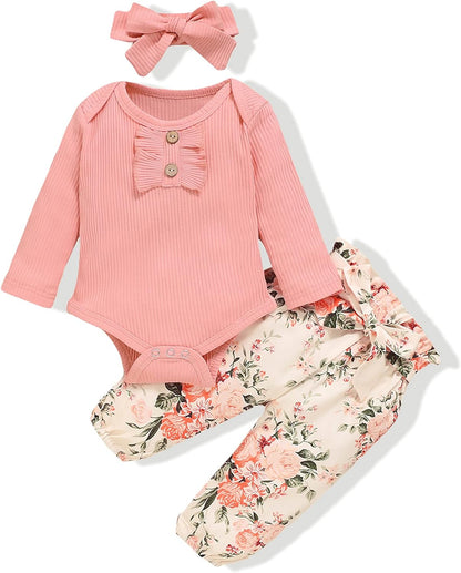 Infant Romper Floral Pants Set With Headband