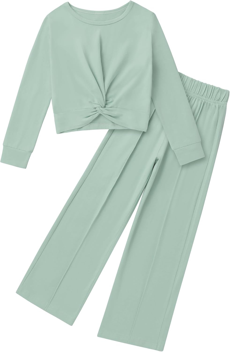 Solid Long Sleeve Twist Crop Top and Wide Leg Pants 