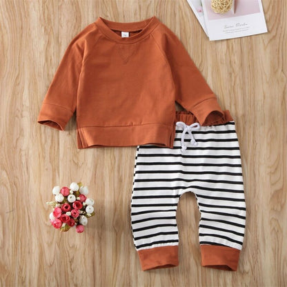 Newborn Infant Baby Clothing Set Casual Hooded Tops + Striped Pants 