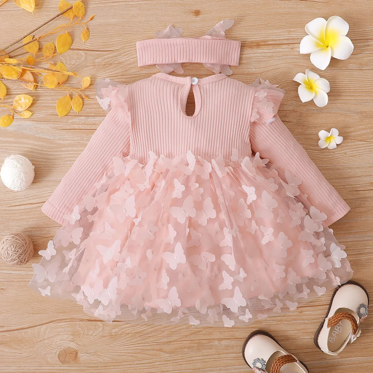 2Pcs Baby Girl Pink Mesh Dress Set,Ribbed Long Sleeve Splicing 3D Butterfly Appliques Princess Dress 