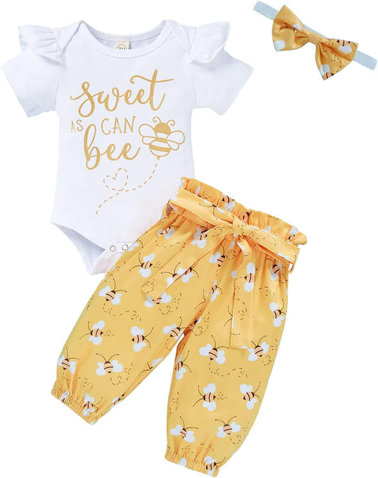 Infant Bumble Bee Clothes Letter Print Romper Honey Bees Pants Bowknot Headband 