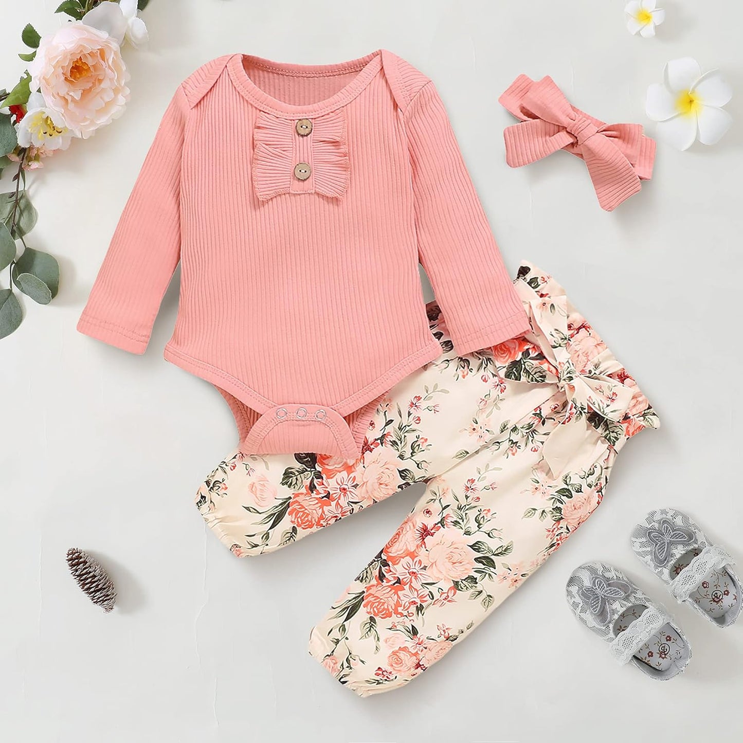 Infant Romper Floral Pants Set With Headband