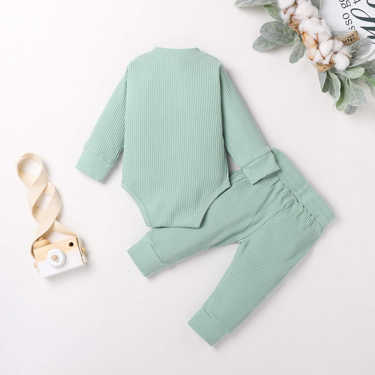 Infant Clothes Set Ribbed Outfits Solid Long Sleeve Top Pants 2PCS