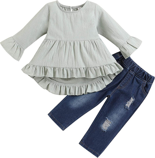 Solid Color Ruffle Shirt and Pants with Headband 