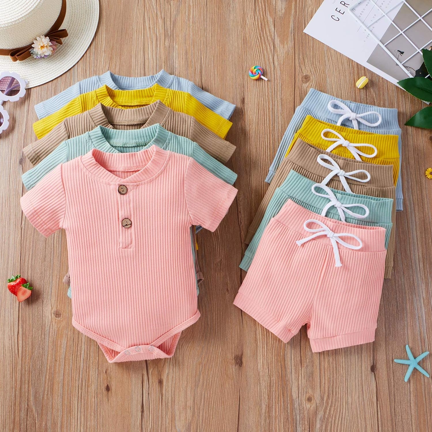 Newborn Infant Ribbed Solid Color Short Sleeve Top Shorts 2PC