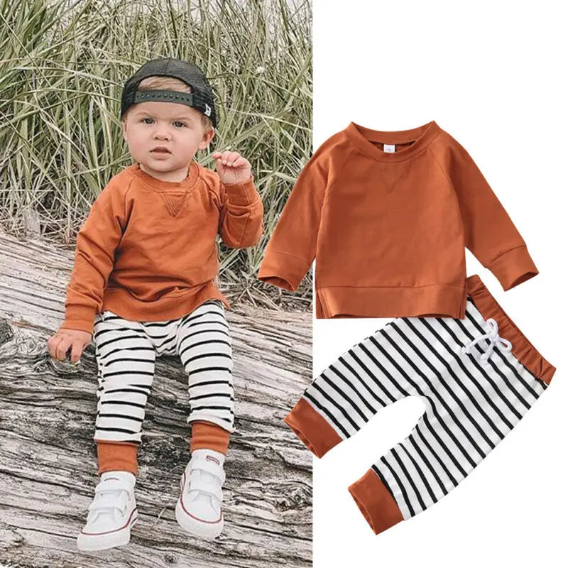 Newborn Infant Baby Clothing Set Casual Hooded Tops + Striped Pants 