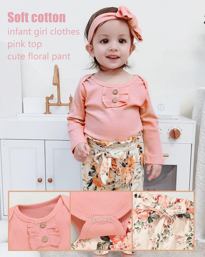 Infant Romper Floral Pants Set With Headband