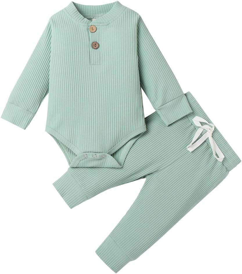 Infant Clothes Set Ribbed Outfits Solid Long Sleeve Top Pants 2PCS